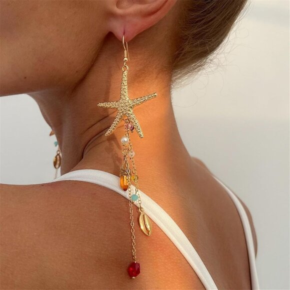 Gold Starfish Tassel Drop Earrings for Women Beach Jewelry Fashion Gift - Picture 2 of 7
